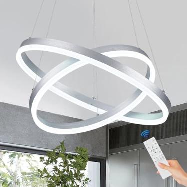 Imagem de Sparklelf Lustre de LED moderno prata 2 anéis de luz pendente circular montagem embutida lustre de teto iluminação com controle remoto para quarto, sala de estar, sala de jantar, entrada, 3000K-6500K