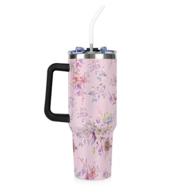 Imagem de Garrafa de água de 1,134 g com canudo, copo de aço inoxidável de flores em aquarela com alça, copos térmicos para bebidas frias e quentes, copo refrigerador reutilizável, presente para adolescentes