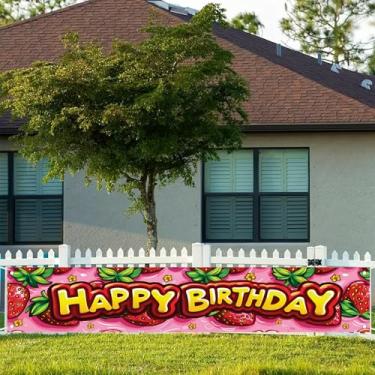 Imagem de Starlit Patio Banner de feliz aniversário de morango 50 x 395 cm decorações de festa rosa grande pano de fundo de aniversário decoração de quintal divertido sinal de celebração para crianças meninas