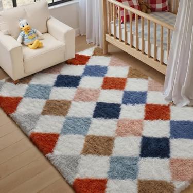 Imagem de WondRg Tapete quadriculado arco-íris de 10 x 15 cm, lavável à máquina, tapete com estampa de diamante, tapete colorido e macio para quarto, escritório, sala de jogos, entrada, lavanderia