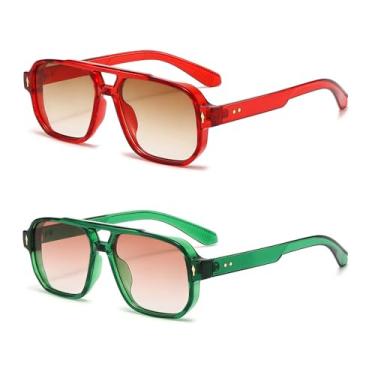 Imagem de OZPYKAE Óculos de sol masculinos quadrados, retrô, proteção UV400, ponte dupla, moderno, retangular, aviador, óculos de sol, Verde + vermelho, One Size