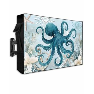 Imagem de DOME-SPACE Capa de TV retrô de polvo vida marinha para televisões de tela plana externa, flor do mar, estrela do mar, náutica, à prova de intempéries, protetor de tela de TV com zíper para telas de
