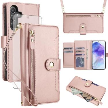 Imagem de Asuwish Capa de celular para Samsung Galaxy A35 5G carteira com zíper, protetor de tela de vidro temperado e alça de pulso transversal, porta-cartão de crédito flip A 35 35A A355G mulheres meninas