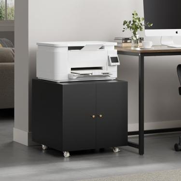 Imagem de Warmiehomy Suporte de metal para impressora com mesas móveis de armazenamento para pequenos espaços com prateleira ajustável de porta armário de arquivo sobre rodas para escritório em casa (preto)