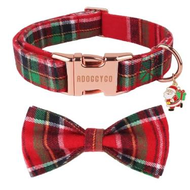 Imagem de ADOGGYGO Coleiras de Natal para cães com laço, gravata borboleta xadrez destacável com pingente, fivela de metal, coleiras de Natal xadrez vermelho verde ajustável para cães médios meninos meninas