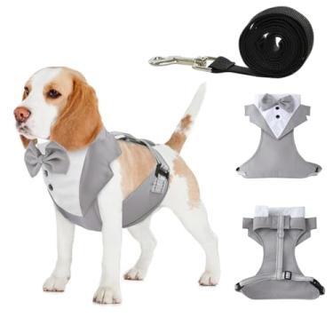 Imagem de BRKURLEG Colete de smoking para cães, ajustável, sem puxar, smoking para cães pequenos e médios, terno de festa de casamento com gravata borboleta, roupa de fantasia de animal de estimação com coleira