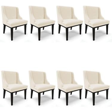 Imagem de Kit 8 Cadeiras Estofadas para Sala de Jantar Base Fixa de Madeira Preto Lia Linho Bege - Ibiza