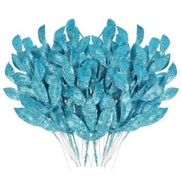 Imagem de MWOOT 16 peças de folhas artificiais de Natal com glitter, palitos de folhas de Natal com glitter azul para centros de mesa, enfeites de árvore de Natal para vaso de guirlanda, guirlanda de casamento