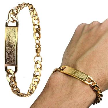 Imagem de Pulseira Dourada Oração Pai Nosso Banhada Masculina Ouro