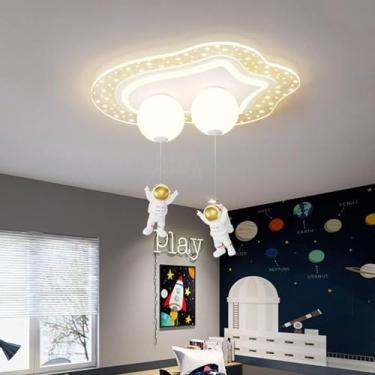 Imagem de Luminária de teto LED Astronauta regulável para quarto infantil 42W Acrílico Planeta Azul Branco Lustre para berçário de meninos e meninas