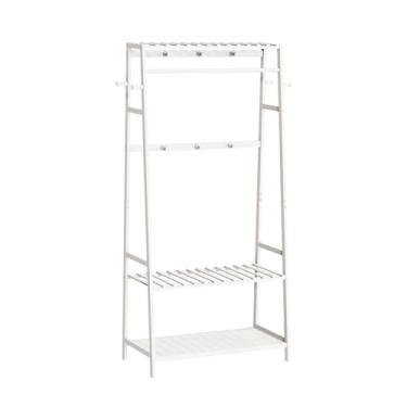 Imagem de Prateleira para casacos de bambu com prateleiras de armazenamento e 10 ganchos para entrada, quarto, corredor, escritório (branco)