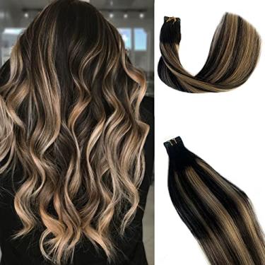 Imagem de Extensões de cabelo humano com fita adesiva balayage 50 cm fita reta em #1B desbotando para #27 extensões de cabelo humano loiro Remy extensões de cabelo 50 g 20 peças para mulheres modernas