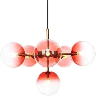 Imagem de Luminárias pendentes Mid Century Modern 6 luzes pendentes, luminária de lustre contemporânea com globo de vidro vermelho gradiente Luminária de lustre