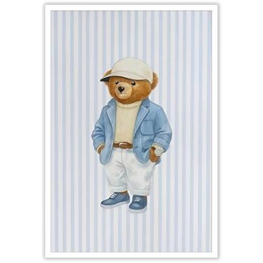 Imagem de Urso de pelúcia moderno em tela arte de parede urso em um terno e um chapéu pôster engraçado litoral preppy listras azuis estampas de animais pintura para sala de estar quarto escritório decoração de