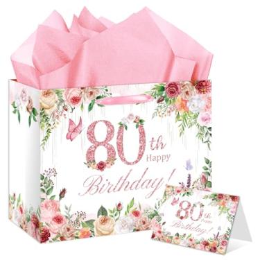 Imagem de Grande bolsa de presente de aniversário de 80 anos, decorações de feliz aniversário de 80 anos para mulheres com cartão e papel de embrulho, artigos de festa de aniversário de 80 anos para mulheres e