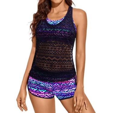 Imagem de Maiô Tankini Yonique, 3 peças, atlético para mulheres, roxo M