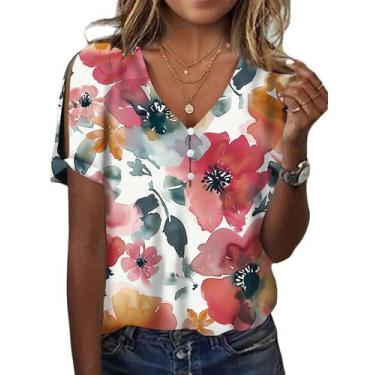 Imagem de Blusa HOTYD Boho com estampa floral de manga curta e decote em V para 