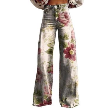 Imagem de Calças largas RTJTGXF com estampa floral vintage plus size feminina