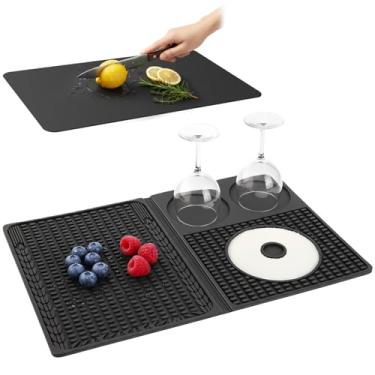 Imagem de Ebrima Tapete de bar, tapetes de bar 4 em 1 para bancada com 2 tábuas de corte, tapetes multifuncionais para barman, tapete de coquetel de silicone dobrável para acampamento em casa RV