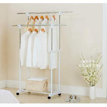 Imagem de Cabideiro multiuso duplo telescópico para roupas, suporte para sapatos, suporte para cabides/suporte de cabide portátil para cima e para baixo, torre de casaco