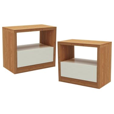 Imagem de Kit 02 Mesas de Cabeceira Moderna 1 Gaveta Cameron D03 Freijó Off White - Lyam Decor