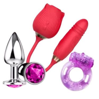 Imagem de Kit Estímulo Total: Rosa Vai e Vem Sugadora + Plug Anal + Anel Vibratório – Explore Sem Vergonha!