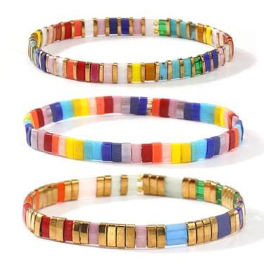 Imagem de EQUBIO Conjunto de pulseira TILA de 3 peças para mulheres – Contas quadradas coloridas feitas à mão com elástico boho joia presente