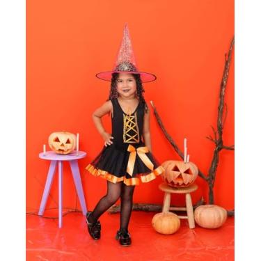Imagem de Fantasia de Bruxa Infantil Halloween, Collant Preto com Detalhes Laranja, saia tule forrado interno cores preto e laranja com detalhes fitas de cetim na barra- Tam PP 4 anos