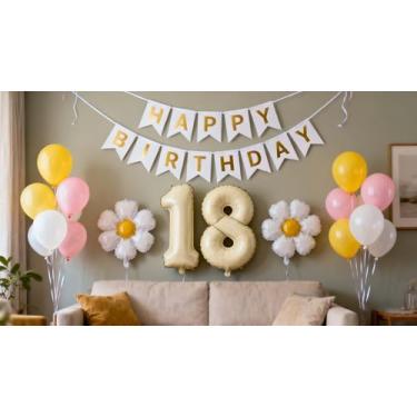 Imagem de Balões de decoração de 18 anos para meninas, rosa, amarelo, branco, feliz aniversário de 18 anos, margarida, conjunto de decoração de balões para meninas de 18 anos, suprimentos para festa de