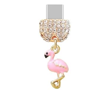 Imagem de ELISE & FONDA TP944 Tipo-C porta de carregamento cristal antipoeira plugue minúsculo flamingo 3D charme celular para iPhone 15/16/Samsung/OnePlus/Xiaomi/oppo telefones Android (rosa)