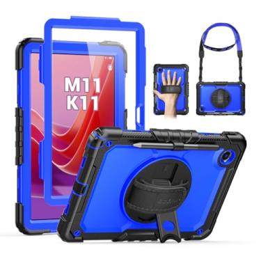 Imagem de SEYMAC Capa para Lenovo Tab M11/K11 de 11 polegadas, capa protetora resistente à prova de choque com protetor de tela, suporte giratório de 360°, alça de mão/ombro e suporte para caneta, azul