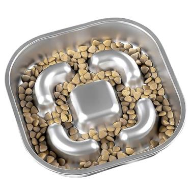 Imagem de Tigela quadrada de aço inoxidável alimentador lento para ração seca e molhada, pode ser lavada na lava-louças, tigela com almofada antiderrapante para várias raças de cães (prata)