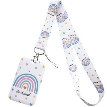 Imagem de Cordão de crachá de arco-íris fofo para chaves de crachá de identificação, seja gentil para o trabalho e escola, escola, amor, coração, chaveiro para mulheres, meninas, crianças, enfermeiras