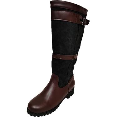 Imagem de Botas de equitação femininas de salto grosso botas de cano alto sem fecho, botas de inverno largas até o meio da panturrilha, moda retrô clássica, Marrom, 8.5