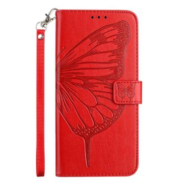 Imagem de Capa carteira para Google Pixel 9 Pro XL, capa flip de couro de borboleta e flor em relevo com suporte para cartão, com alça de pulso capa protetora para iPhone 16 (vermelho)