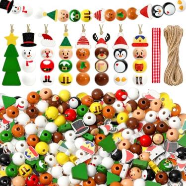 Imagem de JarThenaAMCS 224 peças de contas de madeira de Natal com fita e corda, árvore de Natal, Papai Noel, boneco de neve, duende, homem de gengibre, rena, pinguim, quebra-nozes, contas de madeira, contas