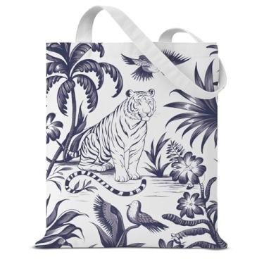 Imagem de Bolsa feminina com estampa de selva preta e branca, bolsa de ombro reutilizável para compras, compras, trabalho, viagem, bolsa de mão