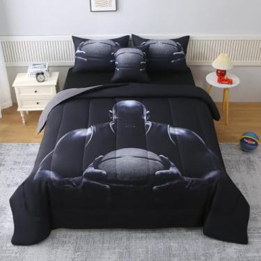 Imagem de JQinHome Conjunto de edredom de basquete solteiro para meninos, cama de 6 peças em uma bolsa, 3D - microfibra macia para todas as estações, com fronha, lençol de cima, lençol de elástico, capa de