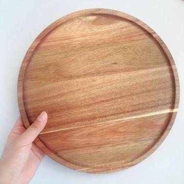Imagem de Pratos redondos de madeira, bandeja redonda pequena de madeira de acácia, bandeja decorativa de mesa de centro de mesa de centro de mesa para casa de fazenda, cozinha, sala de jantar, casa de banho