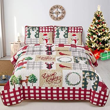Imagem de Conjunto de colcha de Natal Queen Size Pássaro Vermelho Colcha de Cervo Boneco de Neve Padrão Colcha de Natal Conjunto de Cama de Microfibra Macia com 2 Fronhas de Travesseiro para Todas as Estações 90" x 90"