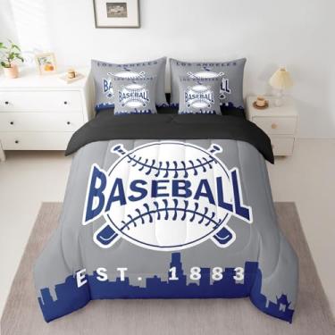 Imagem de Jogo de cama solteiro de beisebol para meninos, 7 peças, conjunto de edredom de cidade de beisebol com lençóis, jogos esportivos, silhueta urbana, para crianças, adolescentes e adultos, azul marinho e