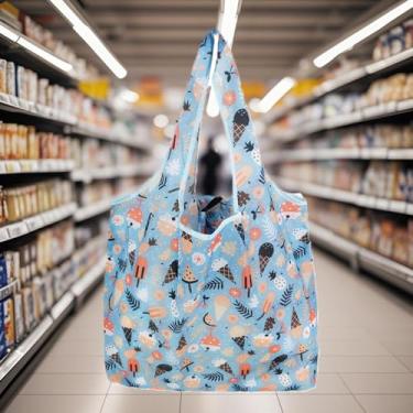 Imagem de Sacos de compras reutilizáveis de poliéster dobrável, estampa geométrica de flores de animais fofos, sacolas de compras reutilizáveis extragrandes de 13,6 kg, resistentes e laváveis na máquina