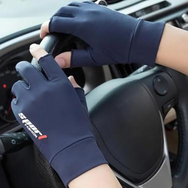 Imagem de Luvas sem dedos com proteção solar de seda azul marinho, mangas leves com bloqueio de UV para dirigir, andar de bicicleta, esportes ao ar livre