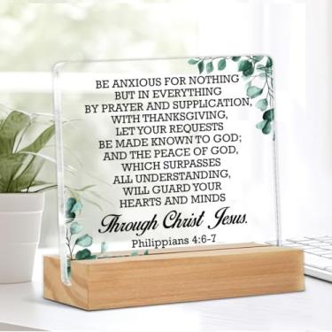 Imagem de Presente Cristão Inspirador para Mulheres Homens Presente Religioso Cristão Verso da Bíblia Filipenses 4:6-7 Escritura Placa de Acrílico Decoração