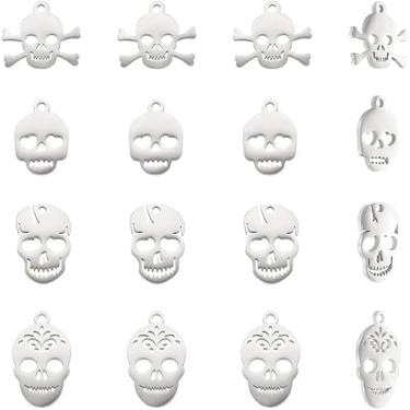 Imagem de Amuletos de caveira de aço inoxidável, 16 peças, 4 estilos, berloques de cabeça de esqueleto, berloques de cabeça de esqueleto, berloques vintage de Halloween, berloques de metal retrô, pingentes de