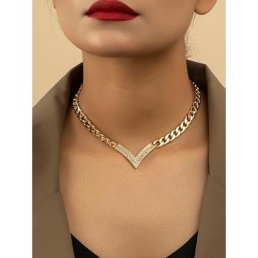 Imagem de Colar de corrente grossa com strass incrustado em V banhado a ouro, pingentes de cristal, colares gargantilhas, correntes cubanas, joias de luxo, acessórios de fantasia feminina, presente de