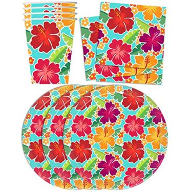 Imagem de Conjunto de suprimentos para festa de aniversário com flor de hibisco havaiana conjunto de pratos de guardanapos copos kit de mesa para 16