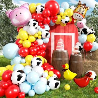 Imagem de HKYOOD Kit de arco de guirlanda de balões de fazenda com 169 peças - Decorações de festa de animais de fazenda com balões de animais com estampa de vaca vermelha, amarelo, azul, branco, para tema de