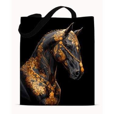 Imagem de Bolsa de ombro preta e dourada com estampa de animal - lona estética de cavalo - bolsa de ombro preta dourada moderna reutilizável para compras, trabalho, viagem, praia, bolsas