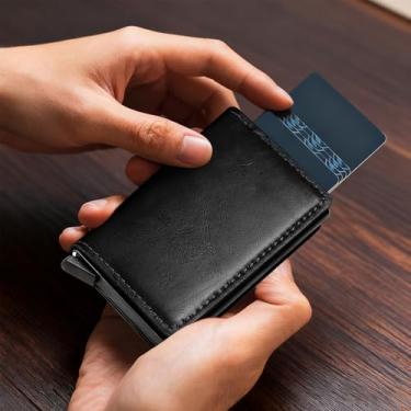 Imagem de Carteira fina - Porta-cartões minimalista, carteiras com bloqueio de RFID, carteiras de cartão de crédito pop-up para homens e mulheres, escritório de viagem, Preto, Portátil